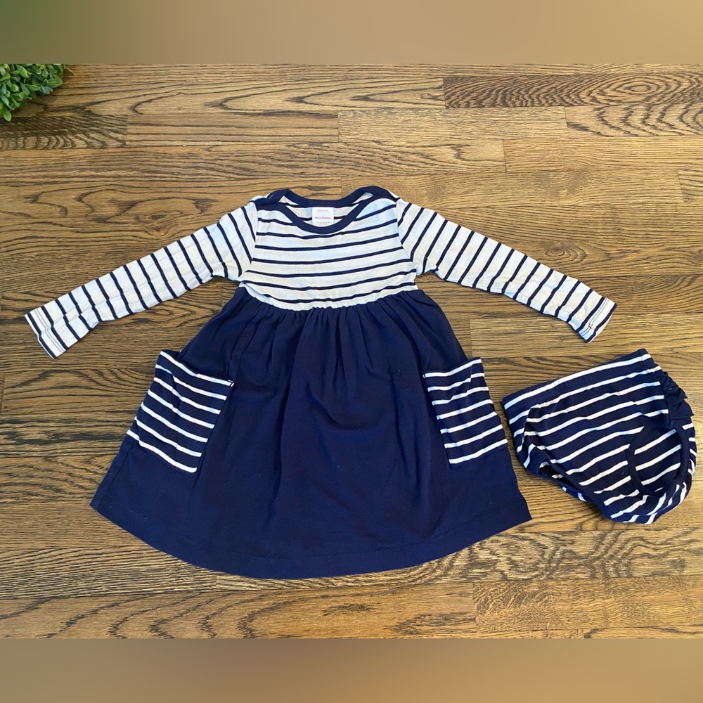 Hanna Andersson Navy and White Striped Long-Sleeve Dress with Bloomers